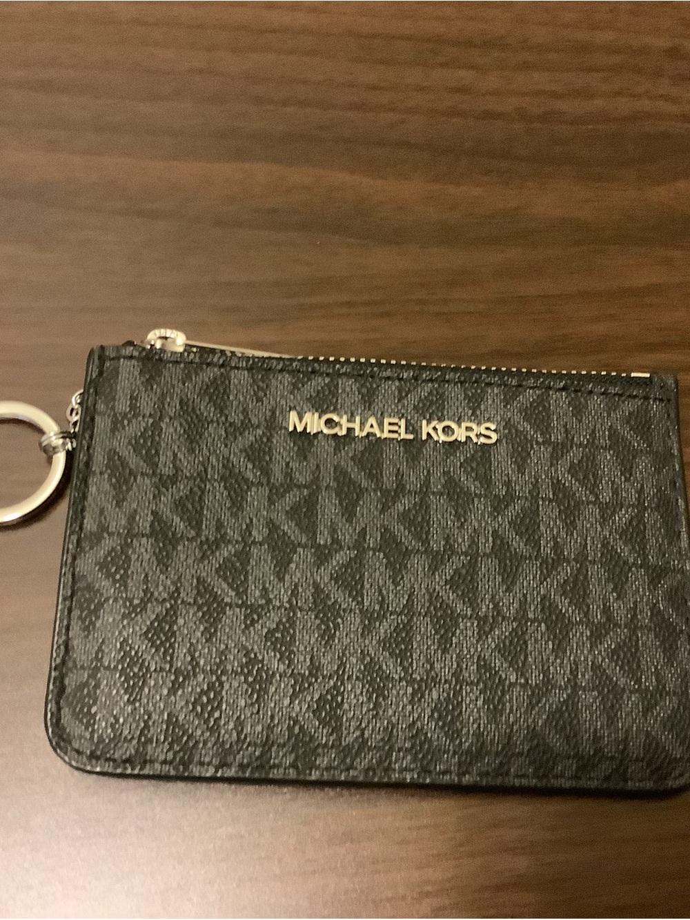Michael Kors Black MK Monogram Zip Card Holder with Keyring and Gold Logo